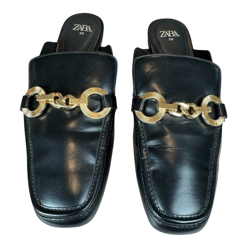 Zara Black Chain Mule Loafers Gold Hardware Square Toe Size 39 US 8.5 EUC - Picture 6 of 8